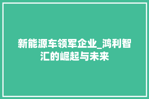 新能源车领军企业_鸿利智汇的崛起与未来