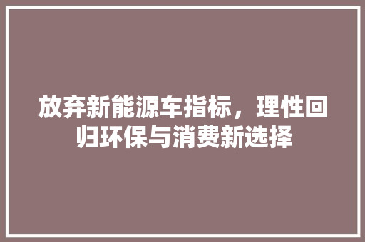 放弃新能源车指标，理性回归环保与消费新选择